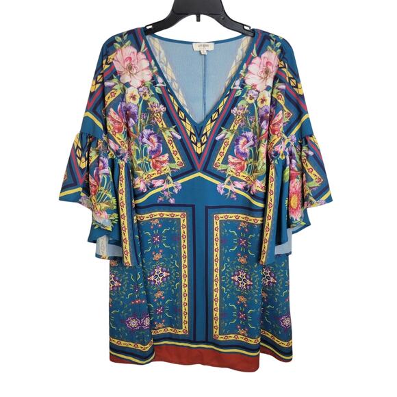 UMGEE Blue Floral Whimsical Fairy Bell Sleeve Tunic Dress Women's Size Small - Picture 1 of 8